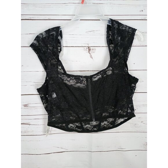 Faded Rose Black Sheer Lace Bustier Crop Top With Cap Sleeves & Back Zipper Clos - Picture 2 of 15